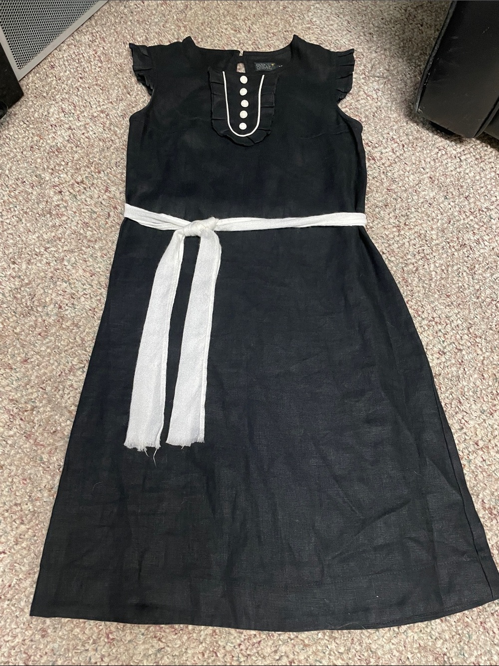 Eve gravel linen Black ruffle sleeve/neck Belted Midi Dress